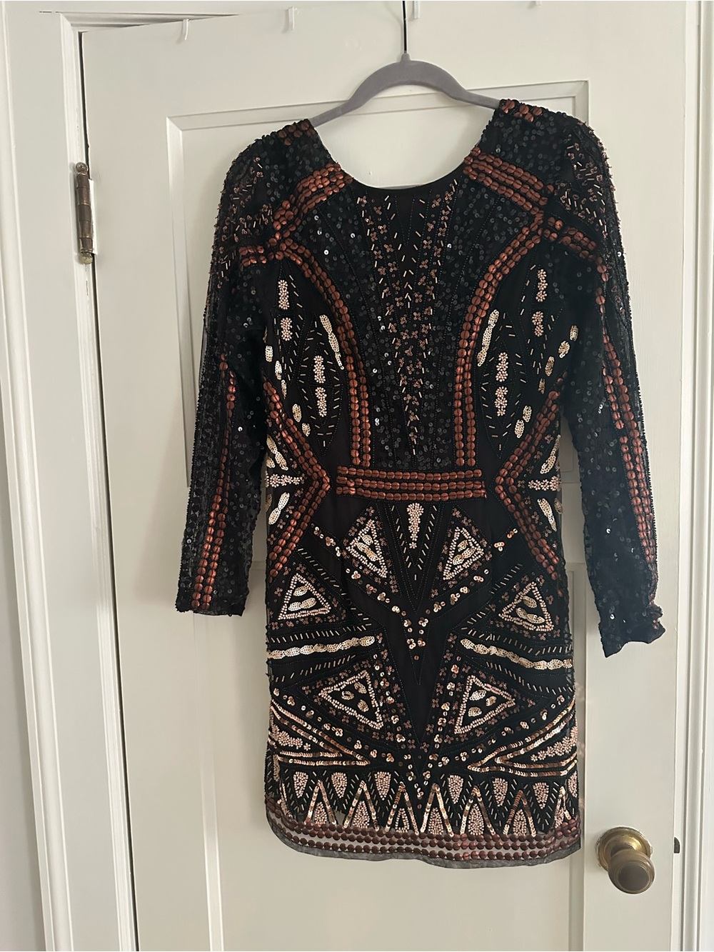Black Sequin Mini Dress with Copper Accents
